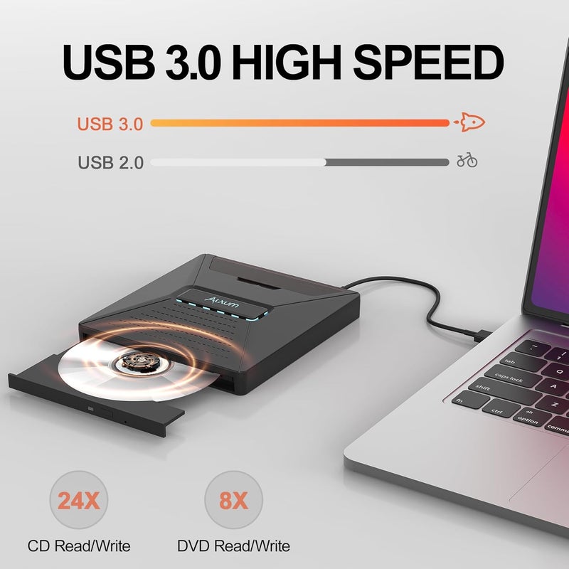 ALXUM Laptop External CD DVD Drive - CD/DVD Burning Supports SATA 2.5" Hard Drive 3 USB 2.0 Interfaces and SD Micro SD Compatible with Win2000/XP Linux Mac 10 OS System SATA&CD, SD&CD Mutual Burning - Image 3